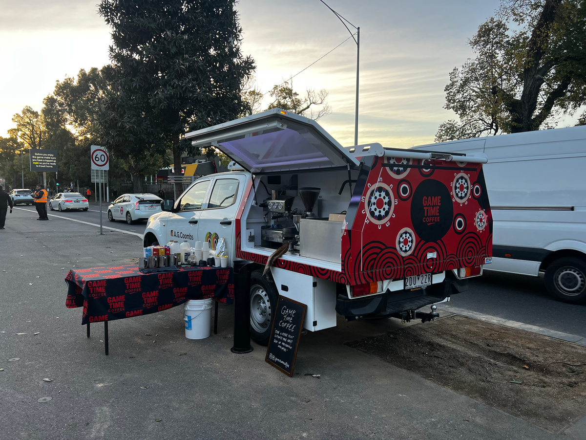 Game Time Coffee branded mobile coffee cart set up for an event
